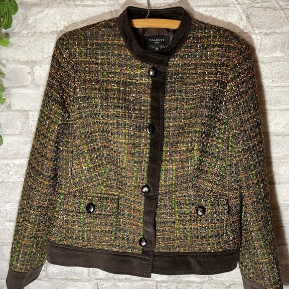 TALBOTS Jacket Women’s Sz‎ 10 Petite Brown Tweed Short Blazer - Picture 1 of 12